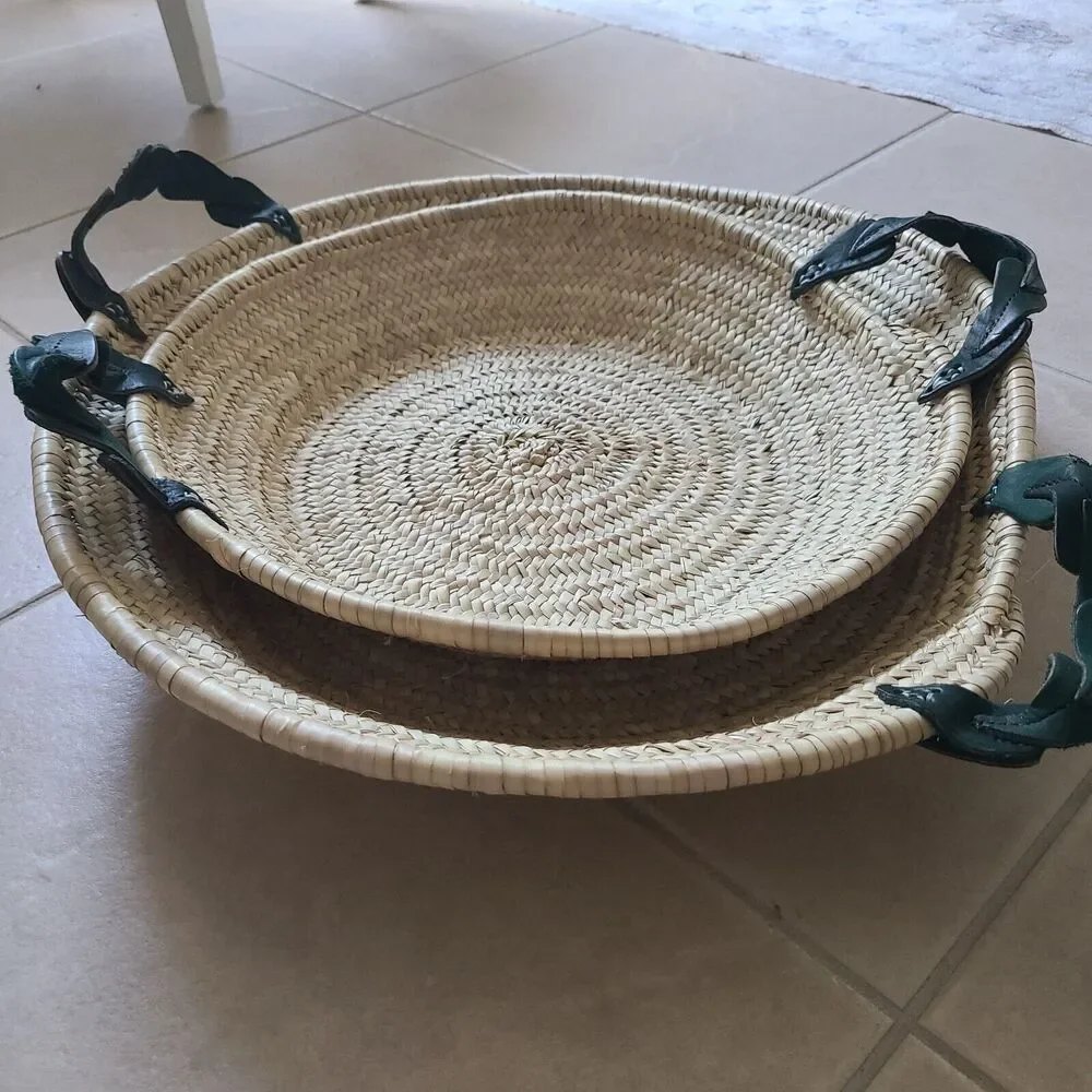 set (2) Sahbi Culture Moroccan Palm Leaf Berber Platters Baskets 22
